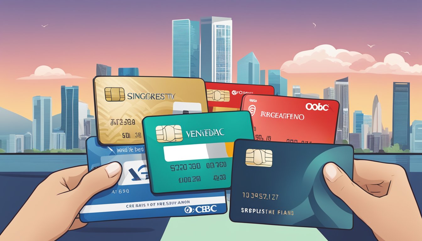 A stack of credit cards with OCBC branding, set against a backdrop of a Singaporean skyline and a list of frequently asked questions