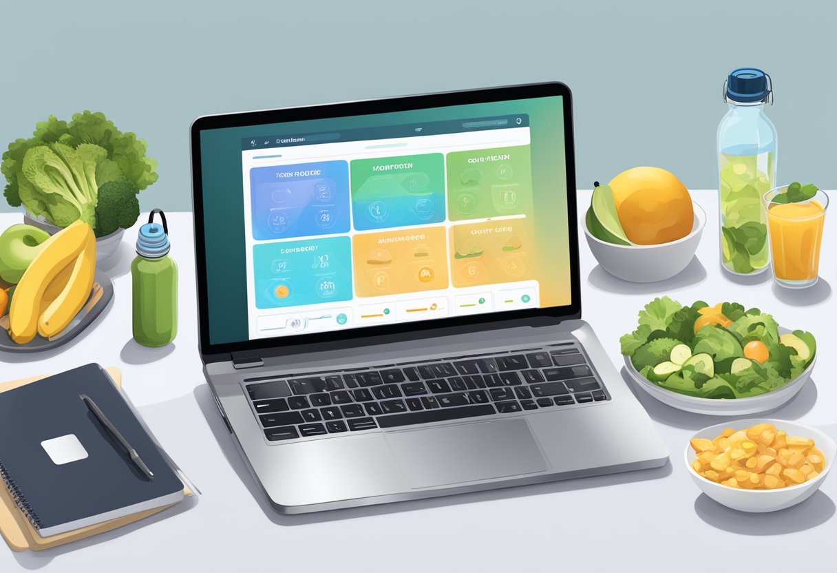 A laptop displaying a nutrition coaching platform with workout plans, meal trackers, and progress charts. A water bottle and healthy snacks sit nearby