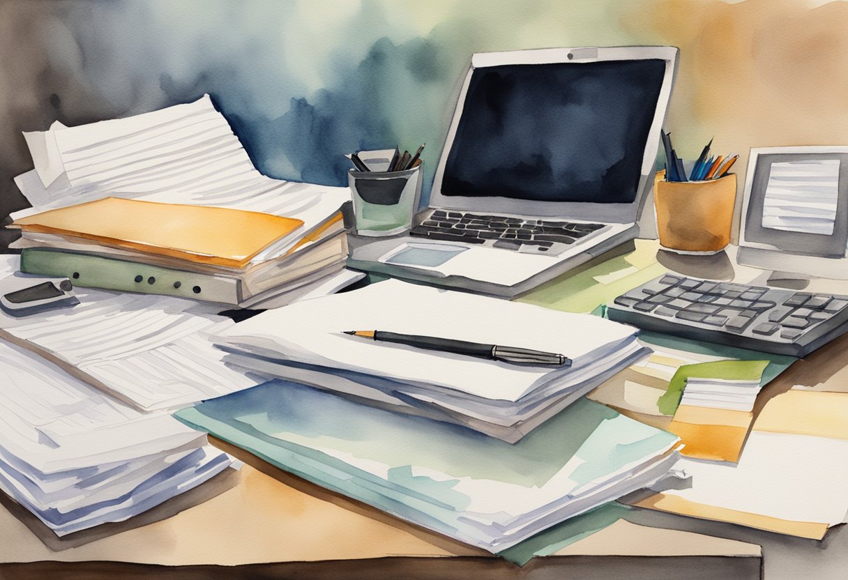 A cluttered desk with a computer, notebook, and pen. A stack of papers labeled "Business Writing Guidelines" sits nearby