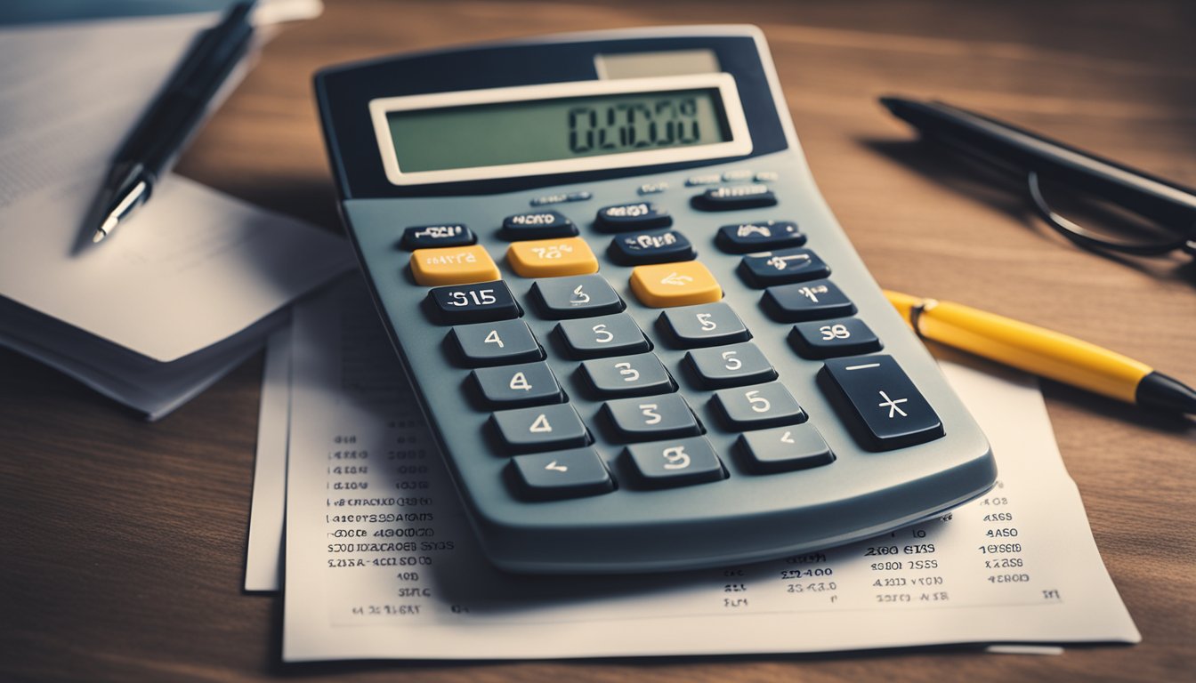 A calculator sits on a desk with a personal loan document. The interest rate and loan amount are inputted, and the calculator displays the calculated interest amount