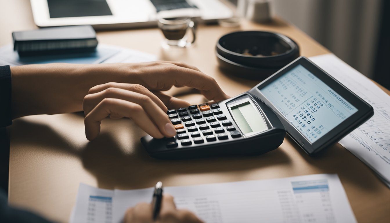 A person calculating interest on a personal loan using a calculator and financial documents