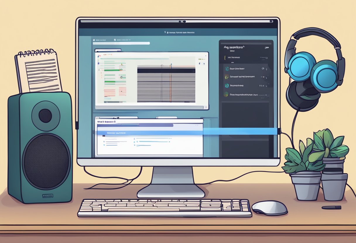 A computer with a music instrument, headphones, and a notepad with "FAQs Getting Started in Online Music Lessons" displayed on the screen