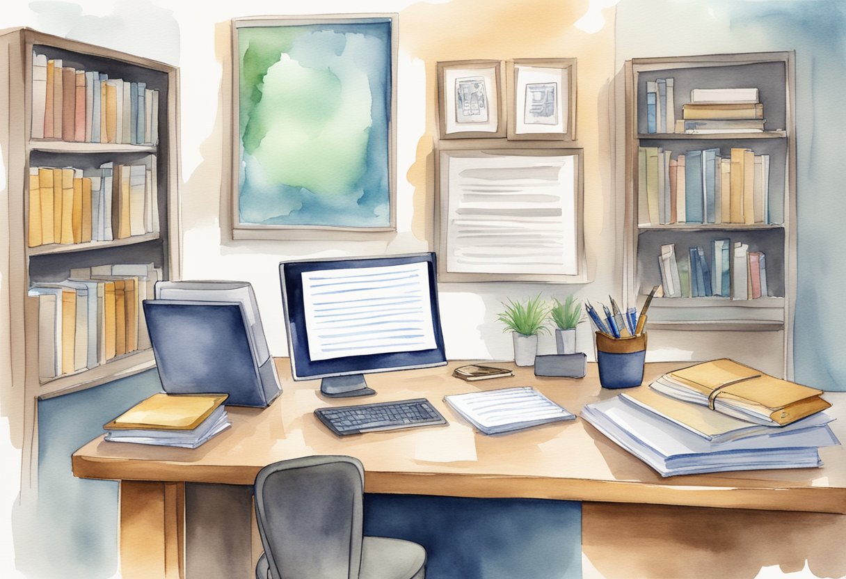 A desk with a computer, a notepad, and a pen. A bookshelf with business writing guides. A framed certificate of business writing excellence on the wall