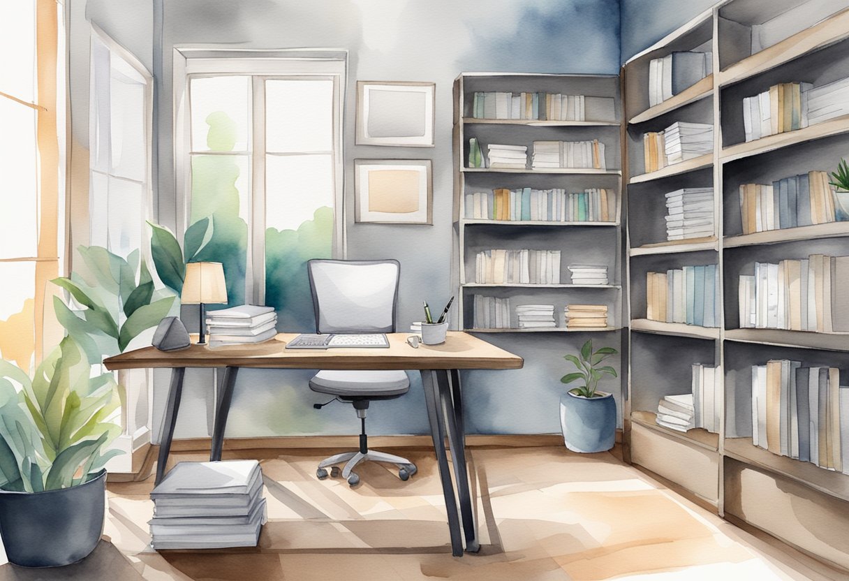 A modern office setting with a sleek desk, computer, and professional writing materials. A bookshelf filled with business writing resources. A motivational quote on the wall