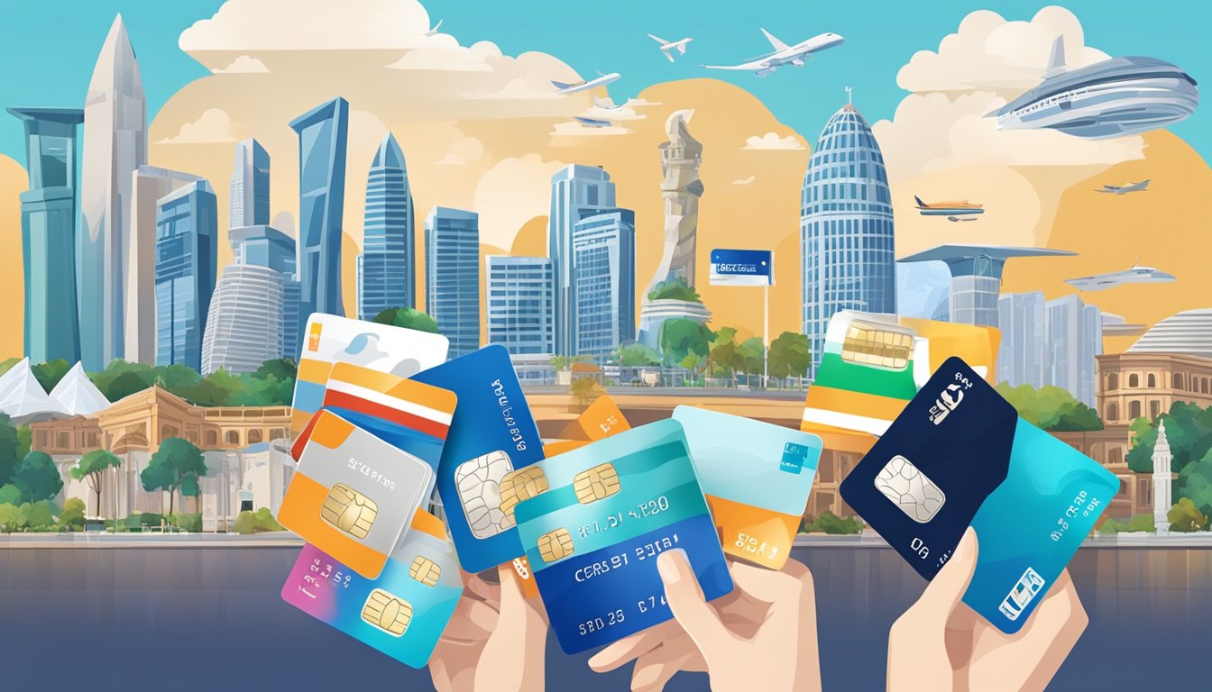 A group of credit cards with various student perks and benefits, set against a backdrop of iconic Singaporean landmarks
