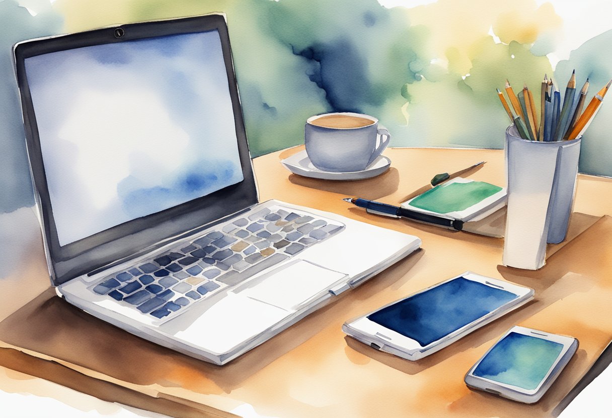 A laptop and smartphone sit on a desk, displaying various digital platforms for business writing. A pen and notebook are nearby, emphasizing the importance of written communication in business