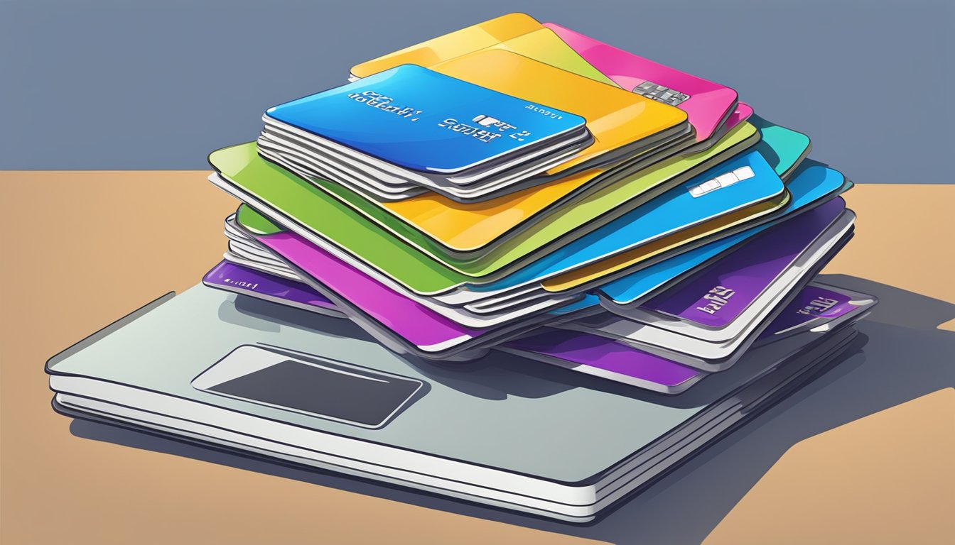 A stack of colorful credit cards with "student" labels, surrounded by textbooks and a laptop