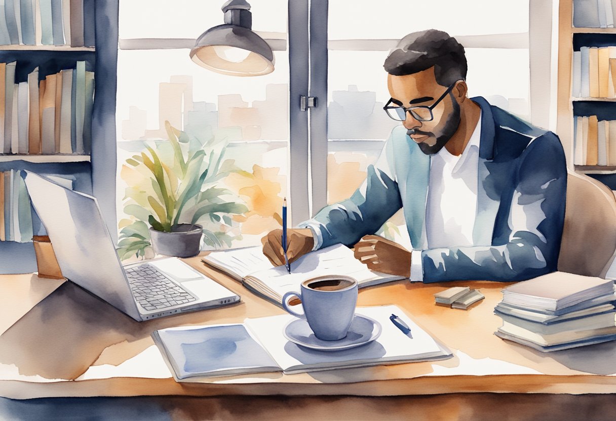 A person writing at a desk with a laptop and notebook, surrounded by business books and a mug of coffee