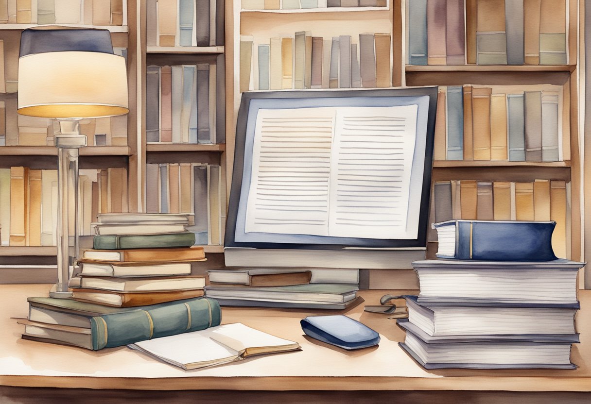 A desk with legal documents, a pen, and a computer. A bookshelf with business law and ethics books. A framed code of conduct on the wall