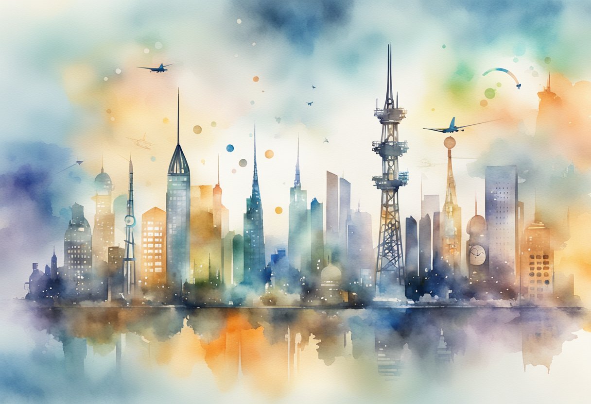 A bustling city skyline with communication towers and global symbols, surrounded by business documents and writing tools