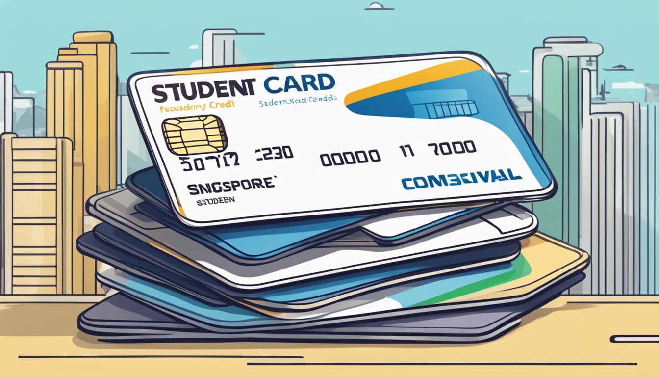 A stack of credit cards with "Student" label, set against a Singaporean backdrop. Text reads "Frequently Asked Questions compare student credit cards singapore."