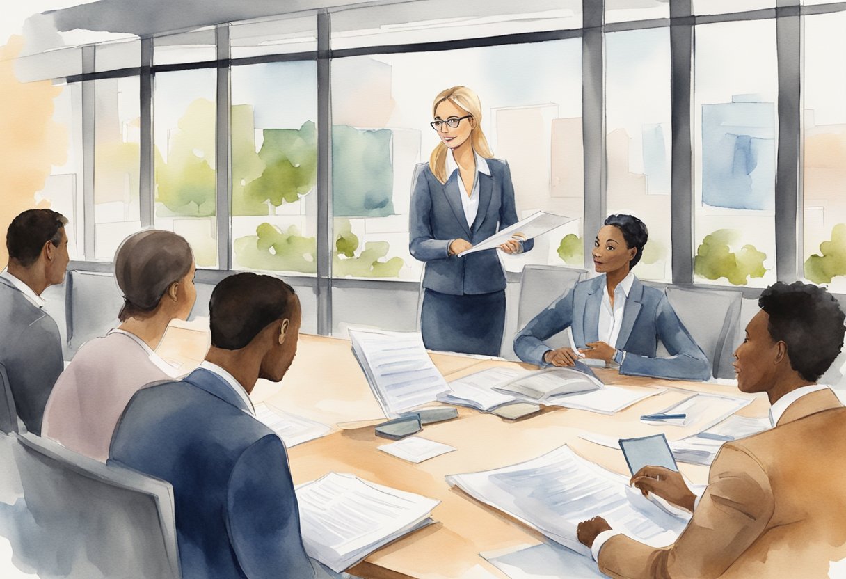 A businesswoman confidently presents a well-written report to a group of engaged colleagues in a modern office setting