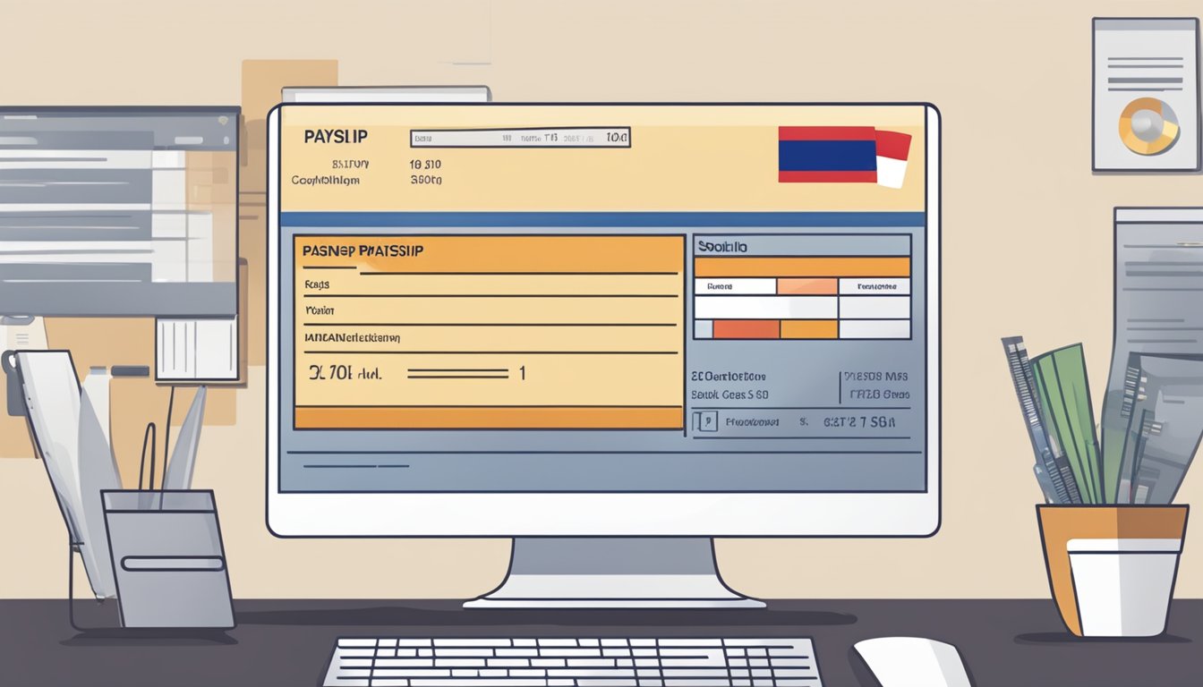 A computer screen displaying a digital payslip with the Singaporean flag in the background