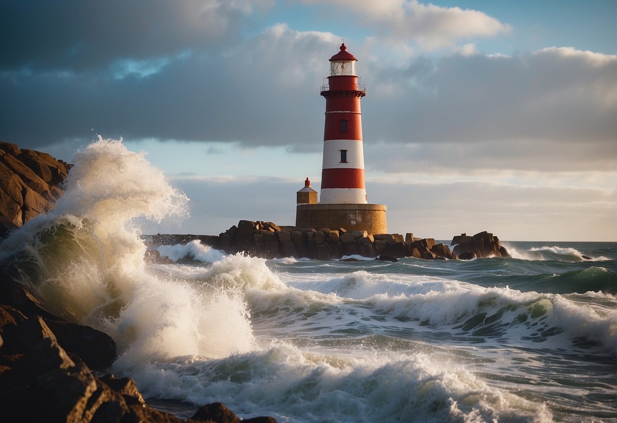 A lighthouse standing tall amidst crashing waves, symbolizing integrity in leadership