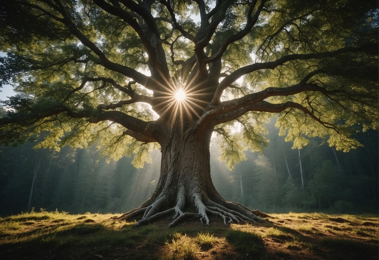 A tree standing tall in a forest, with its roots firmly grounded and its branches reaching towards the sky, symbolizing the importance of integrity in leadership for influencing organizational culture