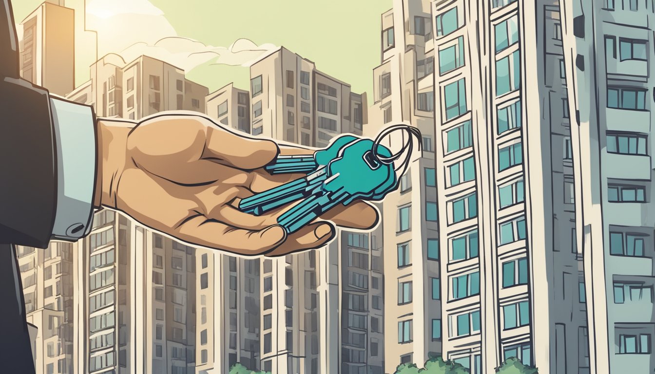 A hand holding keys with a condo building in the background, with dollar signs representing additional costs beyond the downpayment