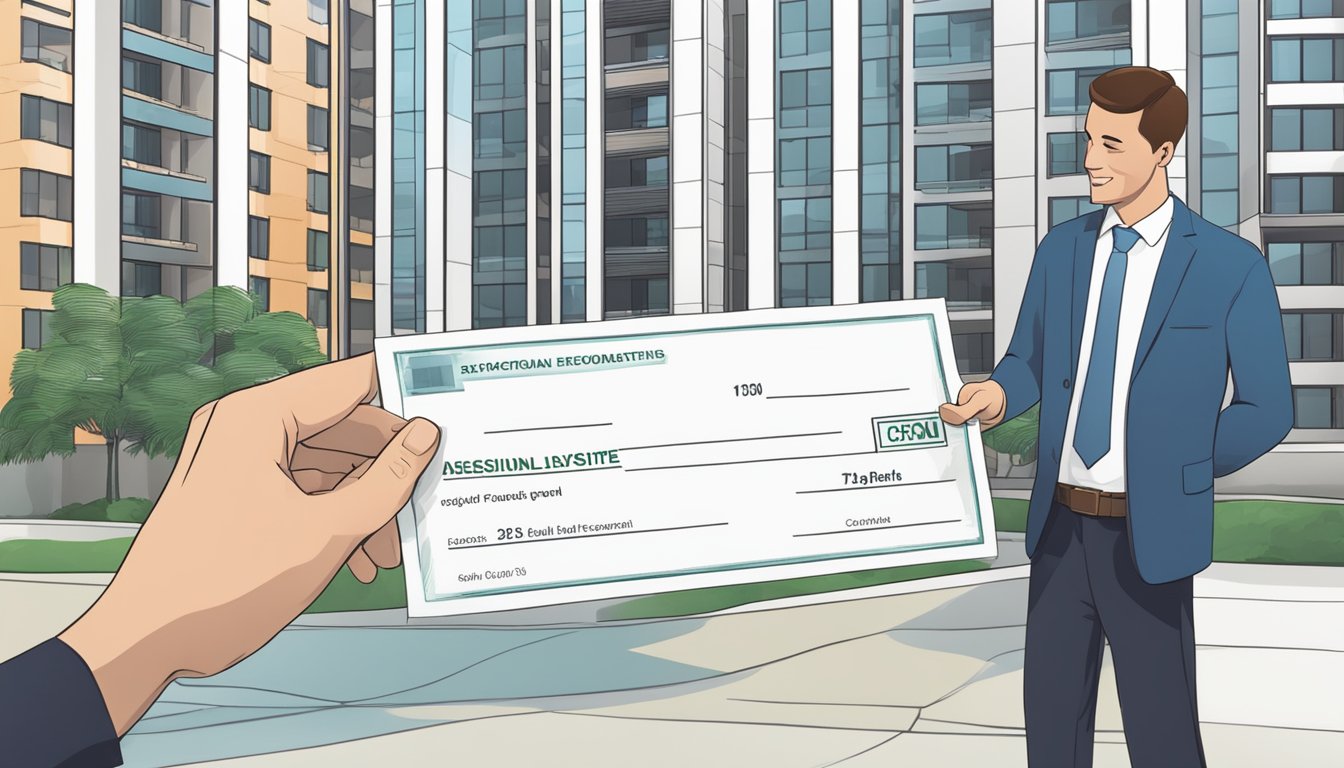 A person handing over a check to a real estate agent in front of a modern condominium building