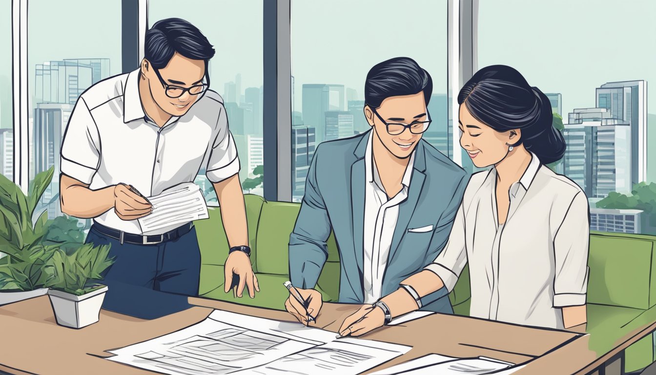 A couple signing a check for a condo downpayment in Singapore, with a real estate agent guiding them through the paperwork