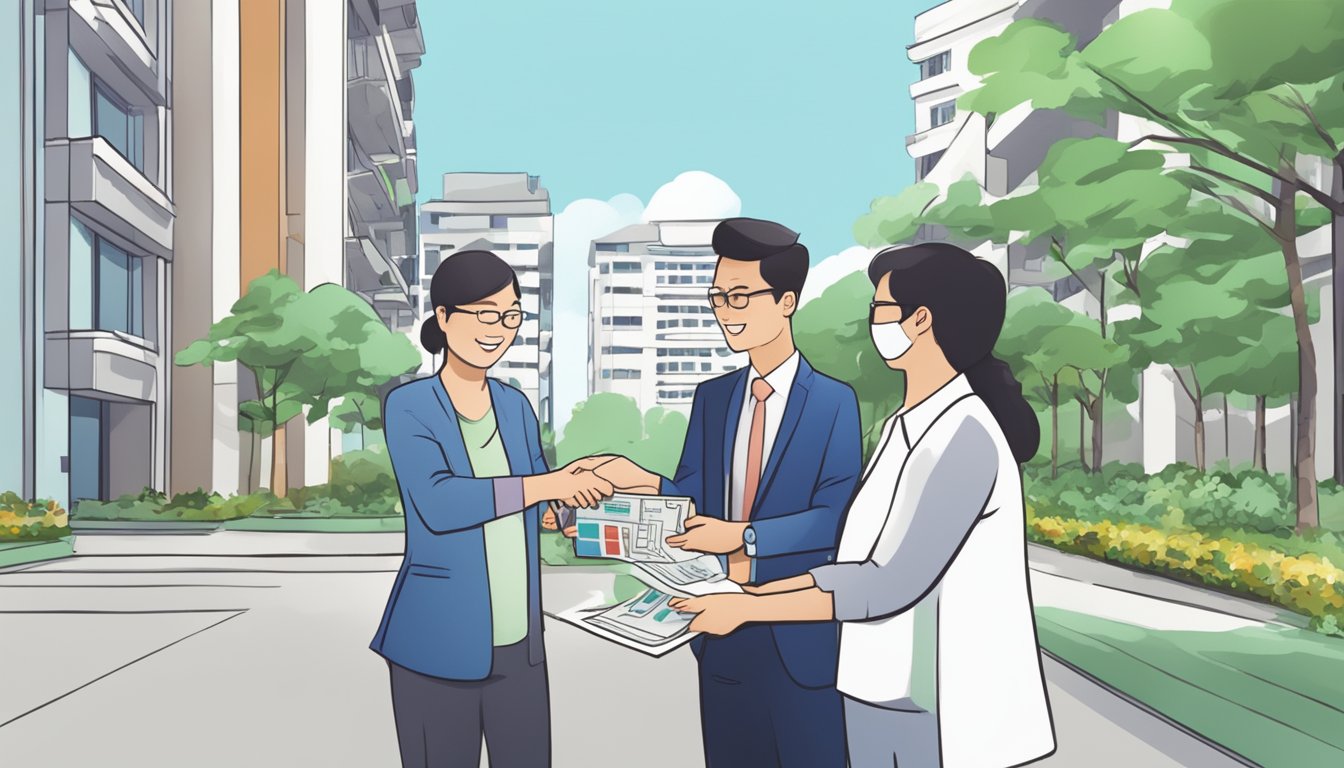 Potential scene: A person handing over a downpayment check to a real estate agent in front of a condominium building in Singapore