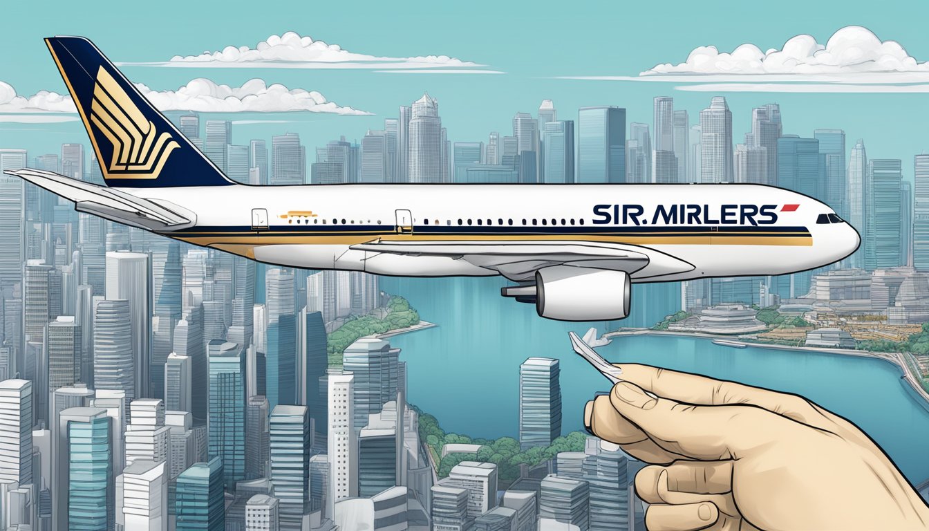 A hand holding a city skyline morphing into a Singapore Airlines plane, with "Citi Miles" transforming into "KrisFlyer" miles