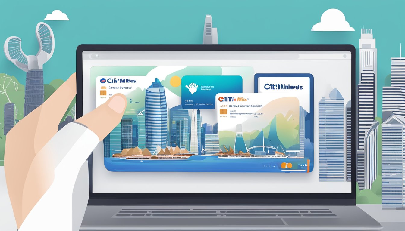 A hand holding a Citi Miles card, converting to KrisFlyer miles online. Screens show the process with Singapore landmarks in the background