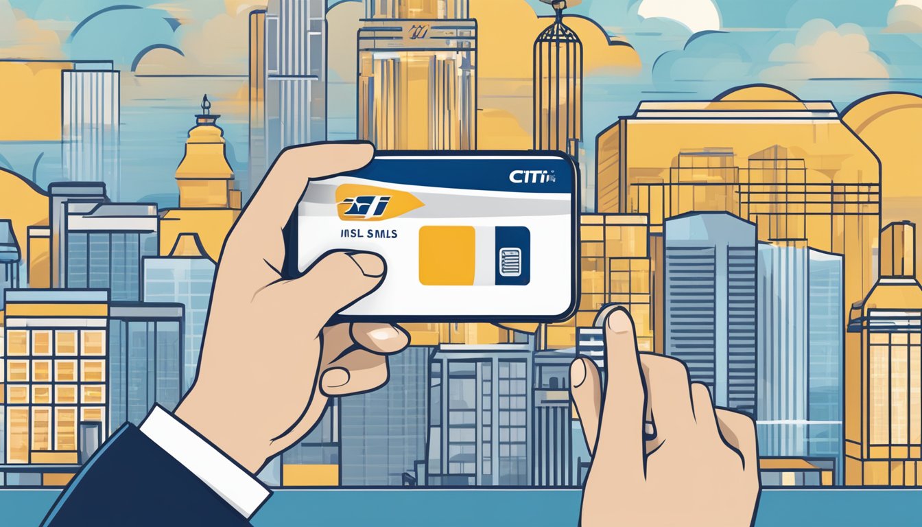 A hand holding a Citi credit card, tapping on a smartphone to convert miles to KrisFlyer miles with a Singapore Airlines logo in the background