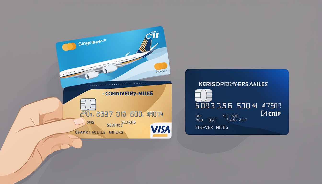 A hand holding a Citi credit card and a Singapore Airlines KrisFlyer membership card, with a computer screen displaying the terms and conditions for converting Citi miles to KrisFlyer miles