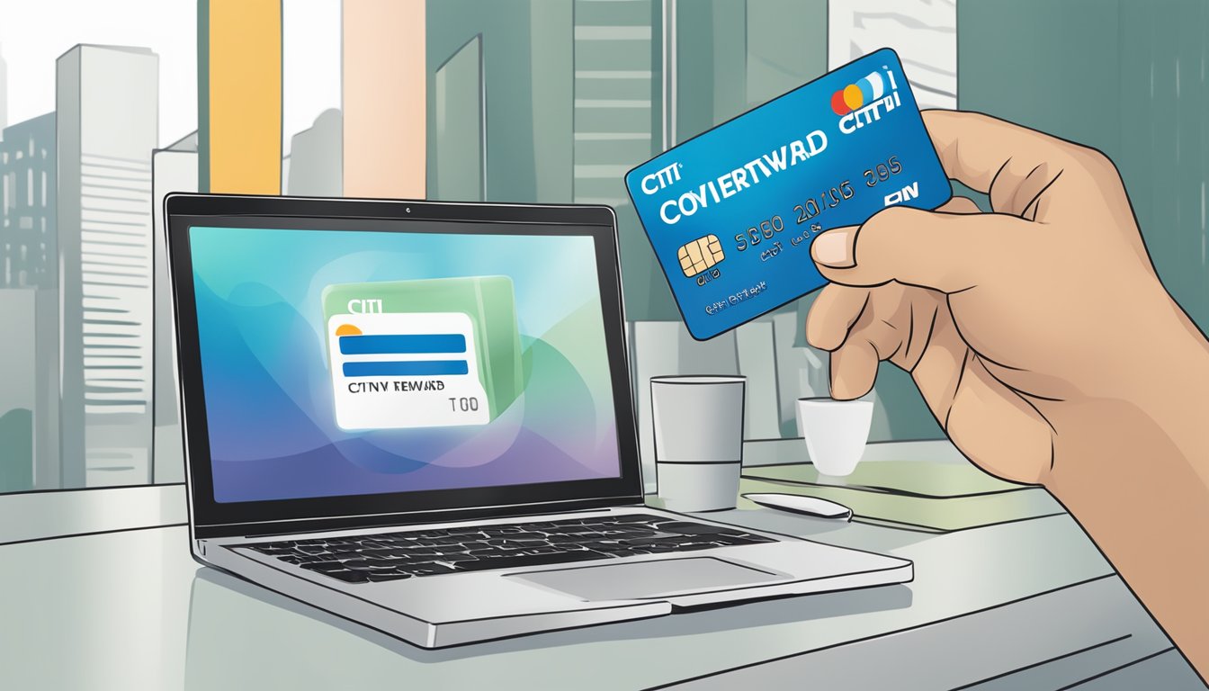 A hand holding a Citi Rewards card, with a computer screen showing "Convert Citi Reward Points to Cash" in Singapore