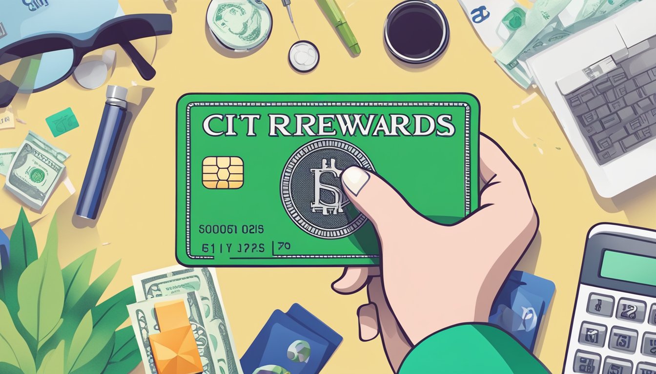 A hand holding a Citi Rewards card with a cash symbol above it, surrounded by various items that can be purchased with the converted points