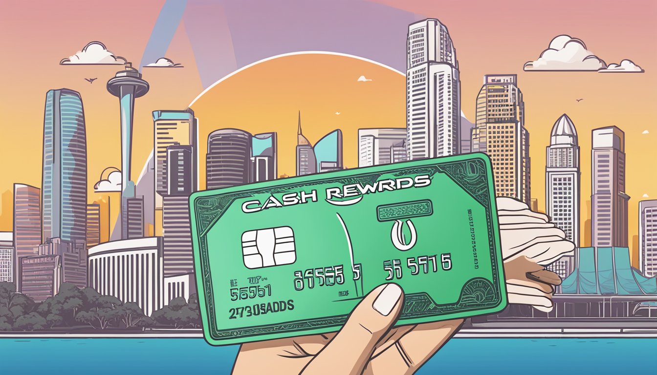A hand holding a Citi rewards card with a cash symbol next to it, against a backdrop of iconic Singapore landmarks