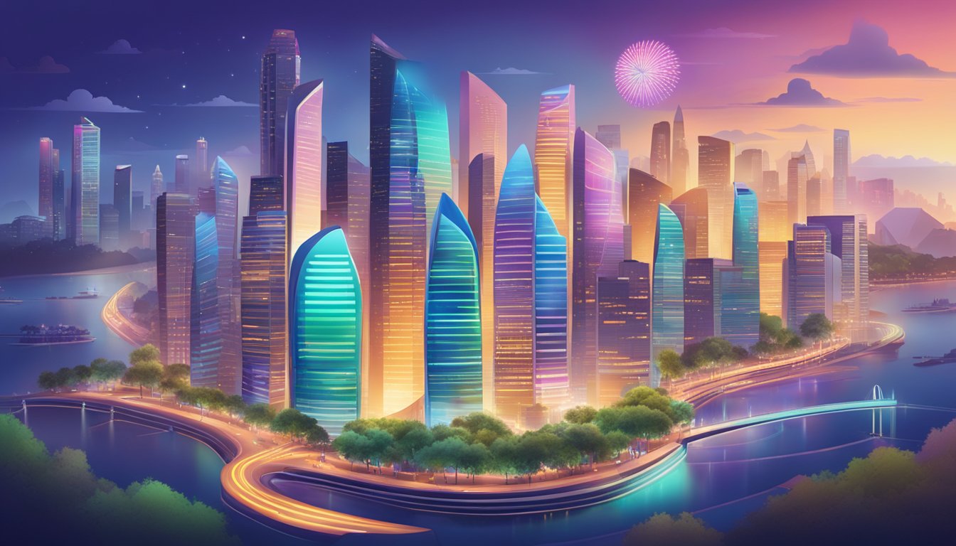 A vibrant cityscape with iconic landmarks and a glowing Citi Rewards logo, showcasing the seamless conversion of reward points to cash in Singapore