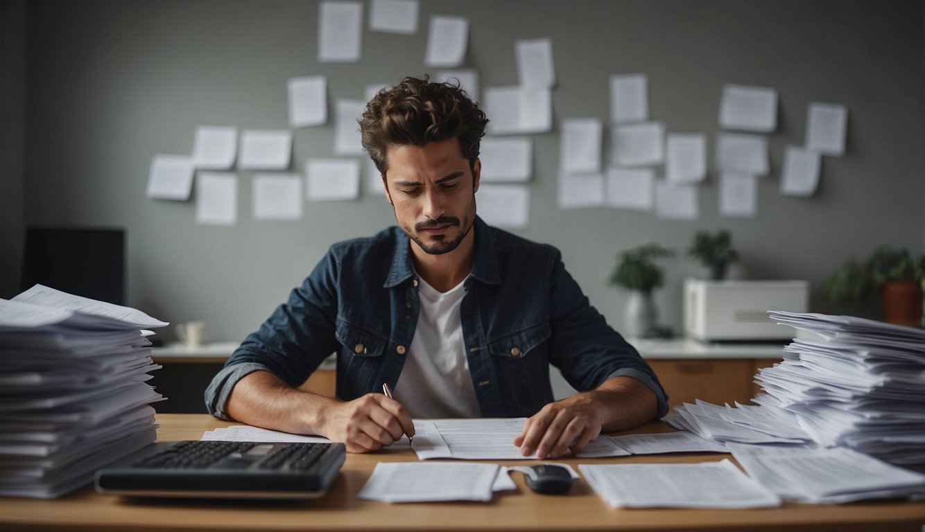 A person sits at a desk, surrounded by bills and statements. They are carefully organizing their finances and creating a plan to repay their debts through a Debt Management Programme