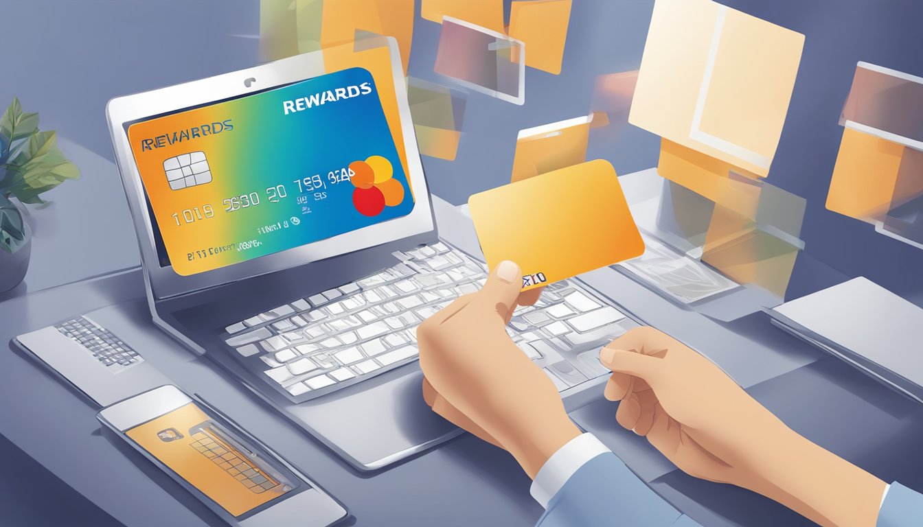 A hand holding a Citi Rewards card, with a computer screen showing the process of converting points to KrisFlyer miles in Singapore