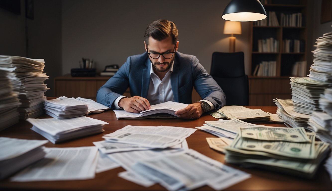A person sits at a desk, surrounded by stacks of bills and financial documents. They are reviewing a Long-Term Benefits Debt Management Programme (DMP) and appear relieved as they visualize the benefits of this money lender repayment plan
