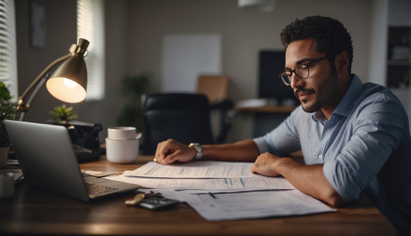 A person sits at a desk, surrounded by bills and financial documents. They look relieved as they review a debt management plan, with a sense of hope and determination on their face