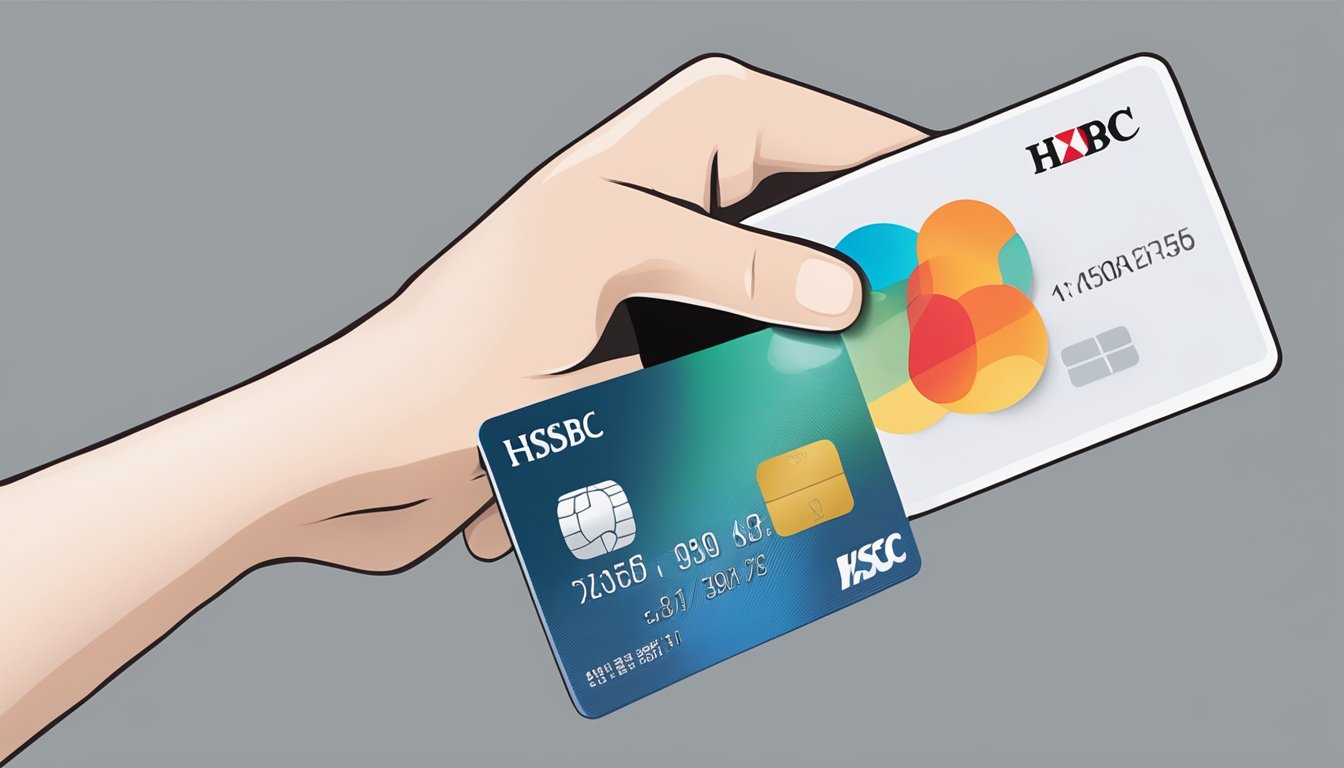 A hand holding an HSBC credit card and a KrisFlyer Singapore membership card with points transferring between them