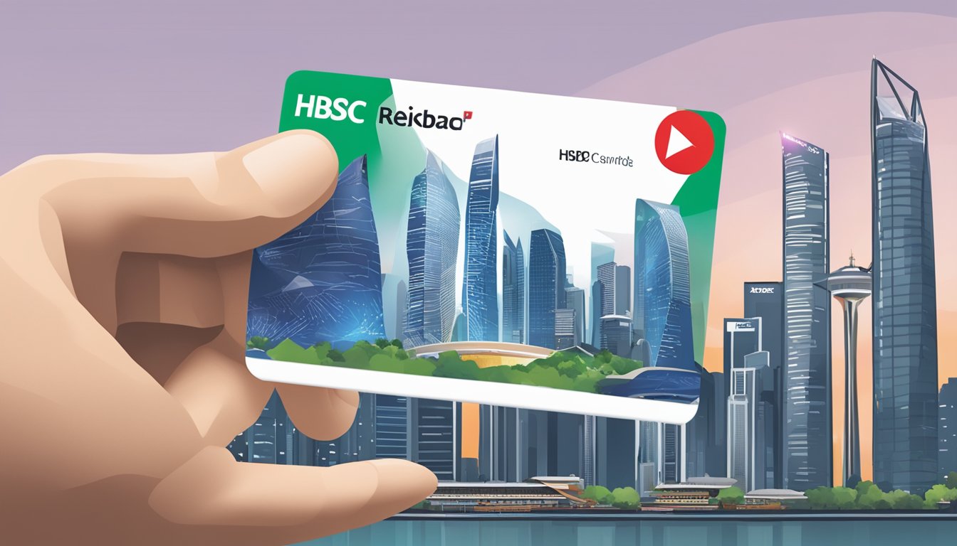 A hand holding an HSBC Rewards card, with KrisFlyer logo and Singapore skyline in the background. Points are being converted from HSBC to KrisFlyer