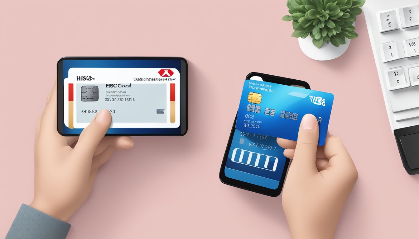 A hand holds an HSBC credit card and a KrisFlyer membership card, with points transferring from one to the other on a digital interface
