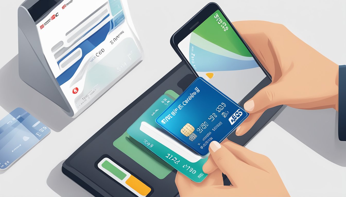 A hand holding an HSBC credit card while tapping a smartphone screen to convert miles to KrisFlyer points