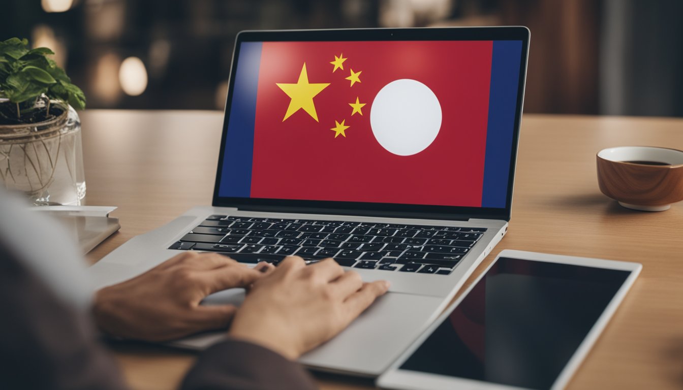 A person researching personal loans on a laptop with a Singaporean flag in the background