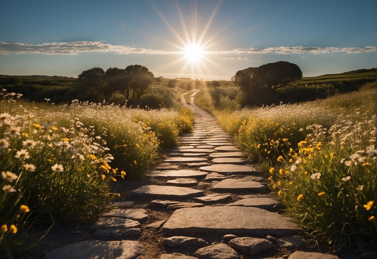 A shining light illuminates a path split in two, with one side labeled "Honesty" and the other "Dishonesty." The "Honesty" path is filled with blooming flowers and clear skies, while the "D