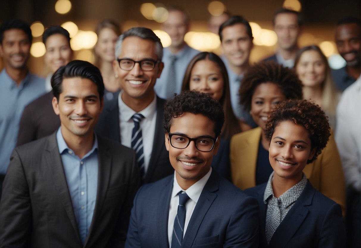 A group of diverse individuals gather around a leader who exudes integrity and trustworthiness, symbolized by a shining beacon of honesty at the center of the group