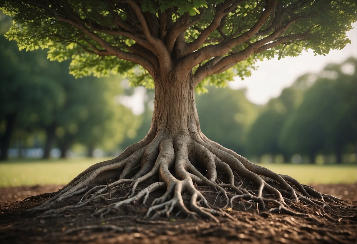 A tree with deep roots growing tall, symbolizing the long-term success of the organization. Honesty is the foundation, represented by the sturdy trunk, supporting the growth and stability of the tree