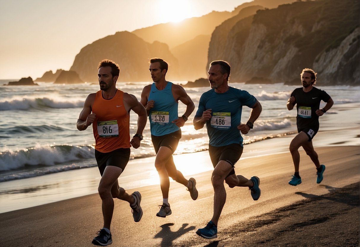 Runners race through scenic coastal route at the Monterey half marathon. Waves crash against rocky cliffs as the sun sets behind the horizon