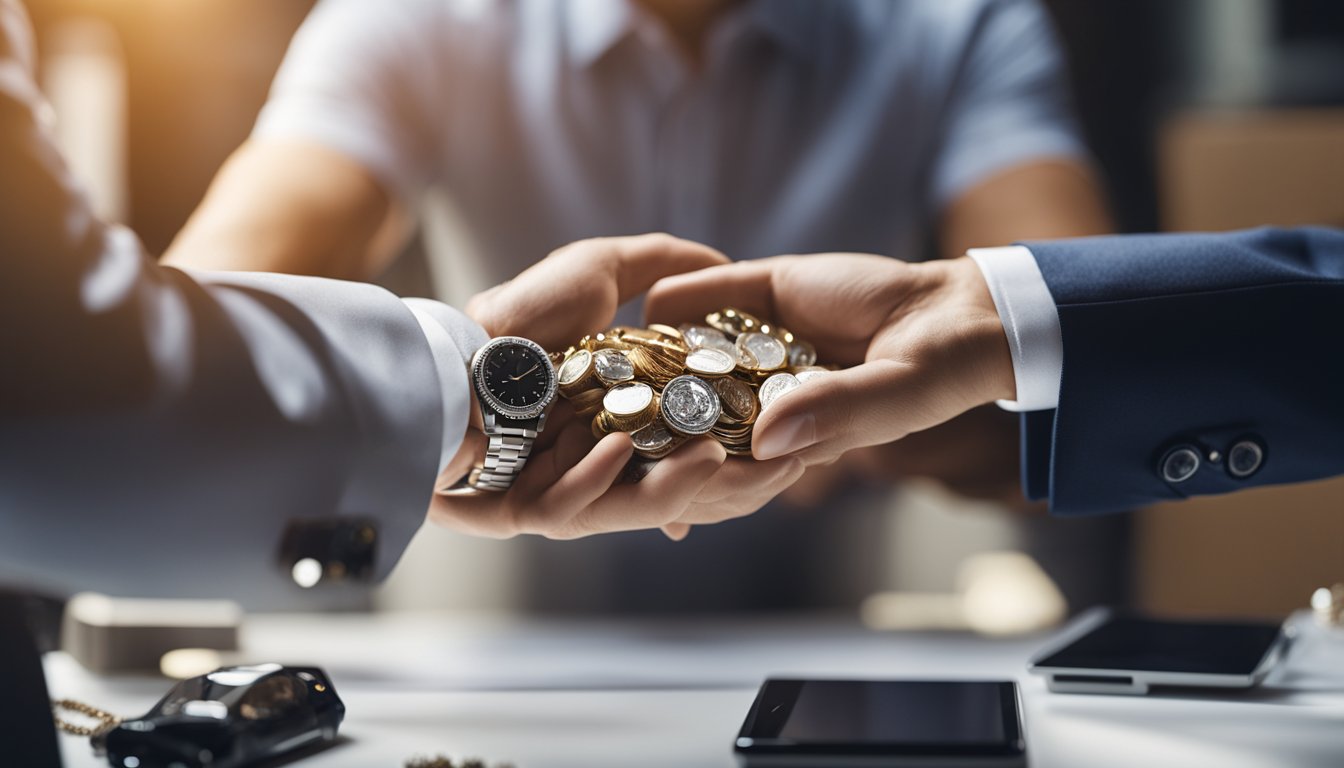 A person presenting various valuable items to a lender for evaluation, including jewelry, electronics, and vehicle titles