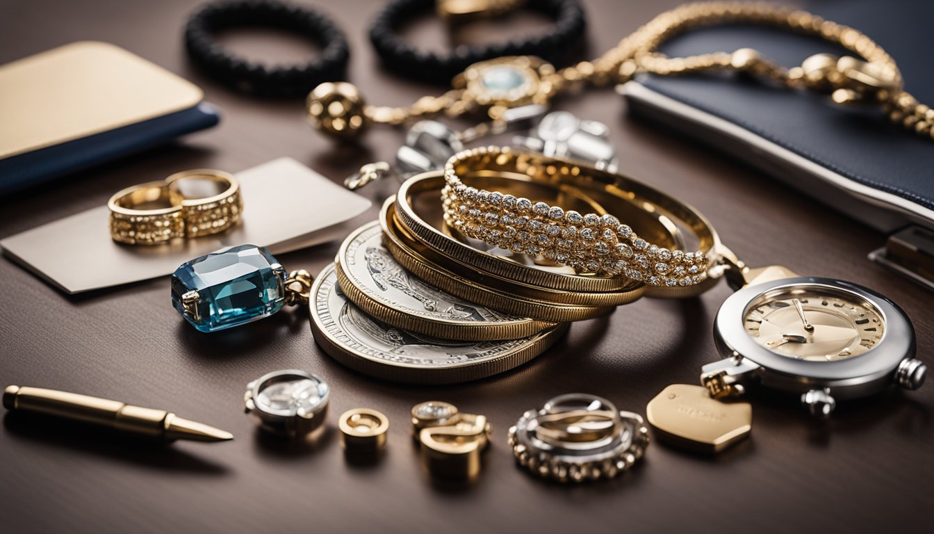 A stack of valuable items sits on a table, including jewelry, electronics, and collectibles. A contract and pen are nearby, symbolizing the risks and benefits of collateral loans