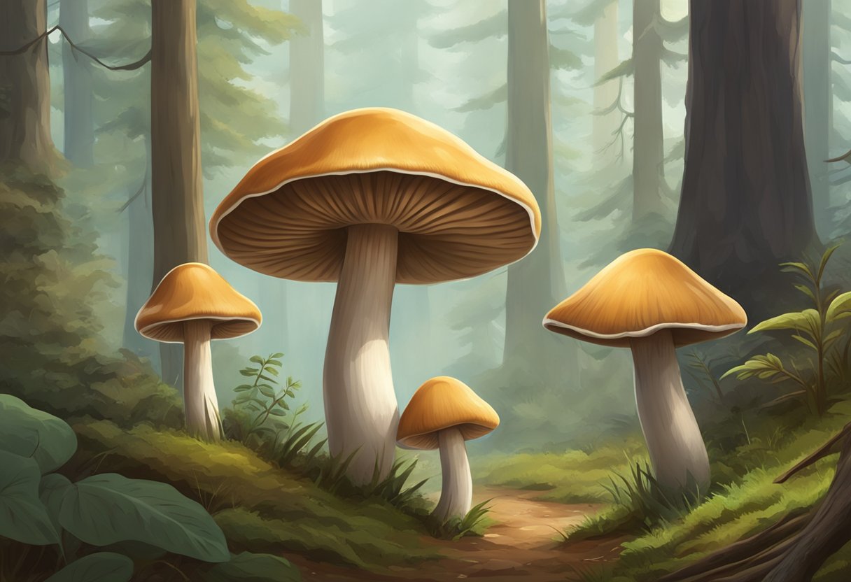 Two mushrooms, Galerina and Psilocybe, stand side by side in a forest clearing. Galerina is small and brown, while Psilocybe is larger and has a distinct conical shape