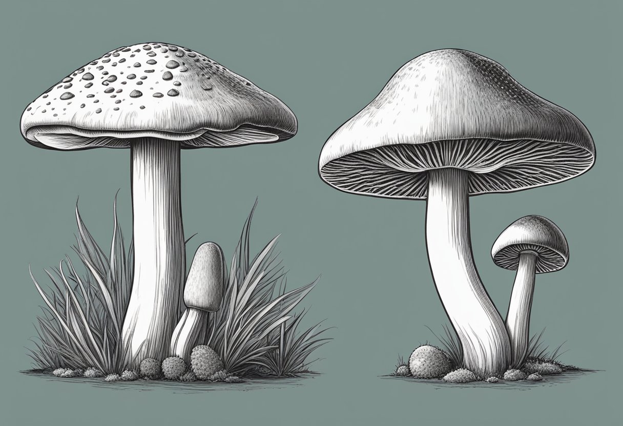 Two mushrooms, Galerina and Psilocybe, side by side for comparison. Galerina with a bell-shaped cap and Psilocybe with a conical cap. Both showing distinct features for identification