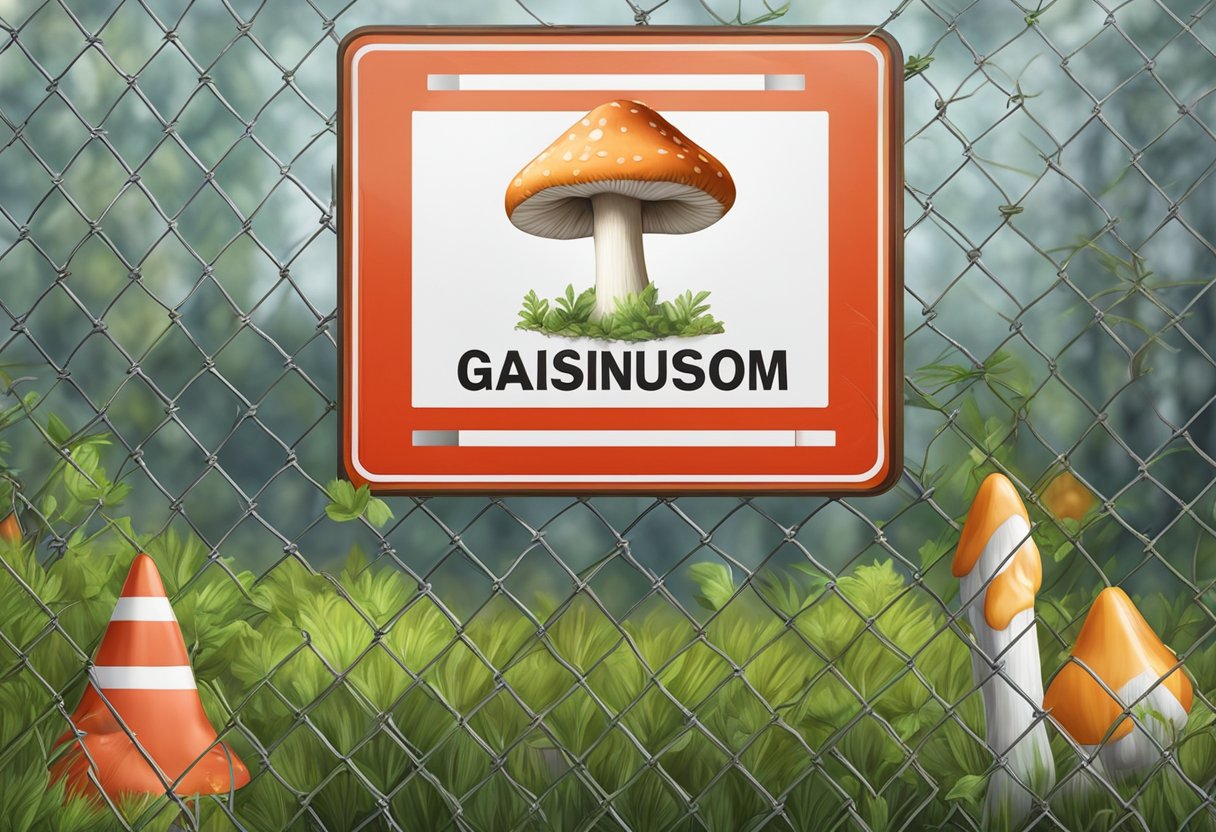 A poisonous galerina mushroom is surrounded by a warning sign, while a psilocybe mushroom is encircled by a safety barrier