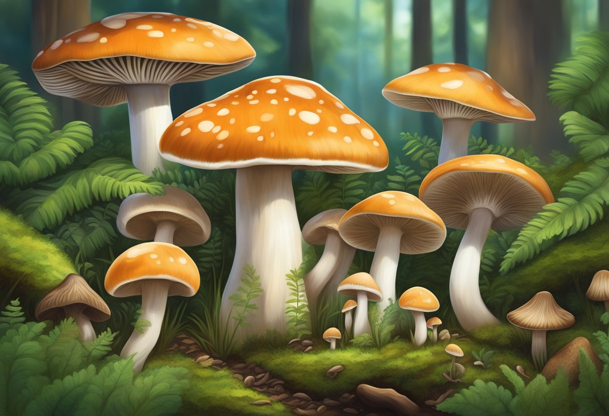 A group of galerina mushrooms and psilocybe mushrooms growing together in a forest clearing, surrounded by vibrant green foliage and small woodland creatures